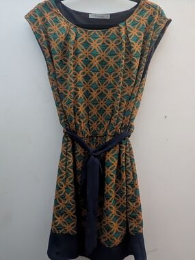 Teal & Gold Patterned Belted Dress